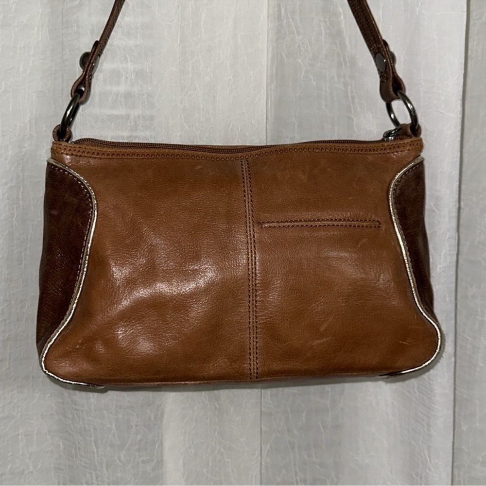The Sak Blue Brown Gold Trim Genuine Leather Hobo Purse - Picture 4 of 16